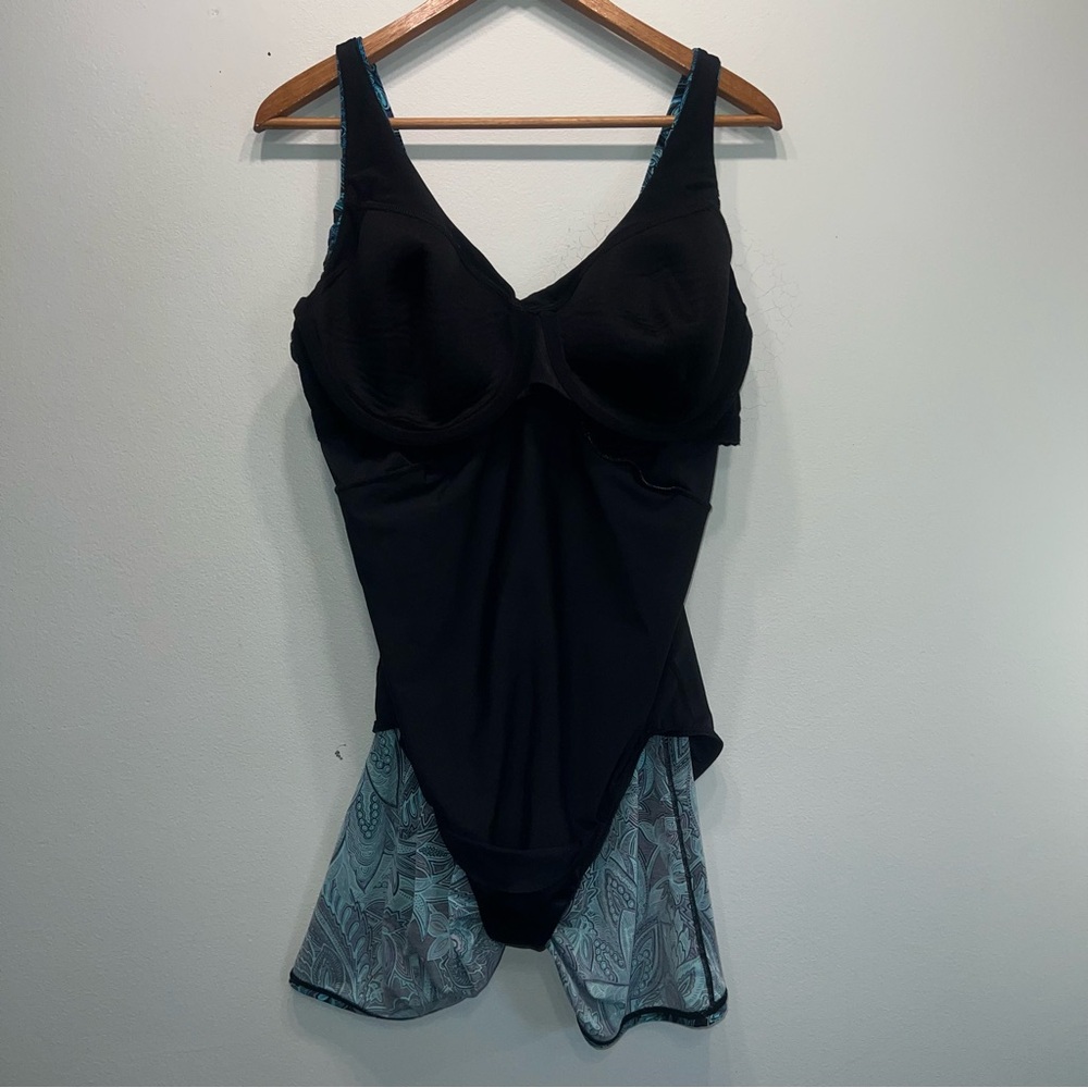 Lands End Swim Dress Women 16W Blue Black Paisley Slimming Underwire Bra - Picture 7 of 10